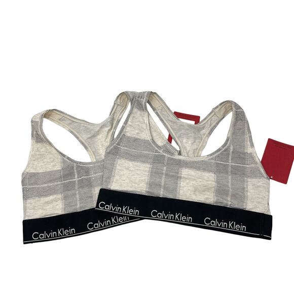 Calvin Klein Plaid Modern Cotton Wireless Unlined Bralette 2 Pack S Black, Tan - Picture 1 of 7